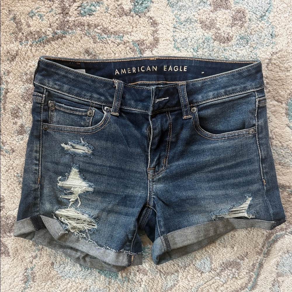 American Eagle Outfitters Dark Blue Distressed Jean Shorts